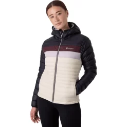 Cotopaxi Women's Fuego Hooded Down Jacket -Active Wear Shop f21 w fuego hooded down jacket black cream stripes front2 fe22f24e 8223 42bb be16 28431a66a6d2